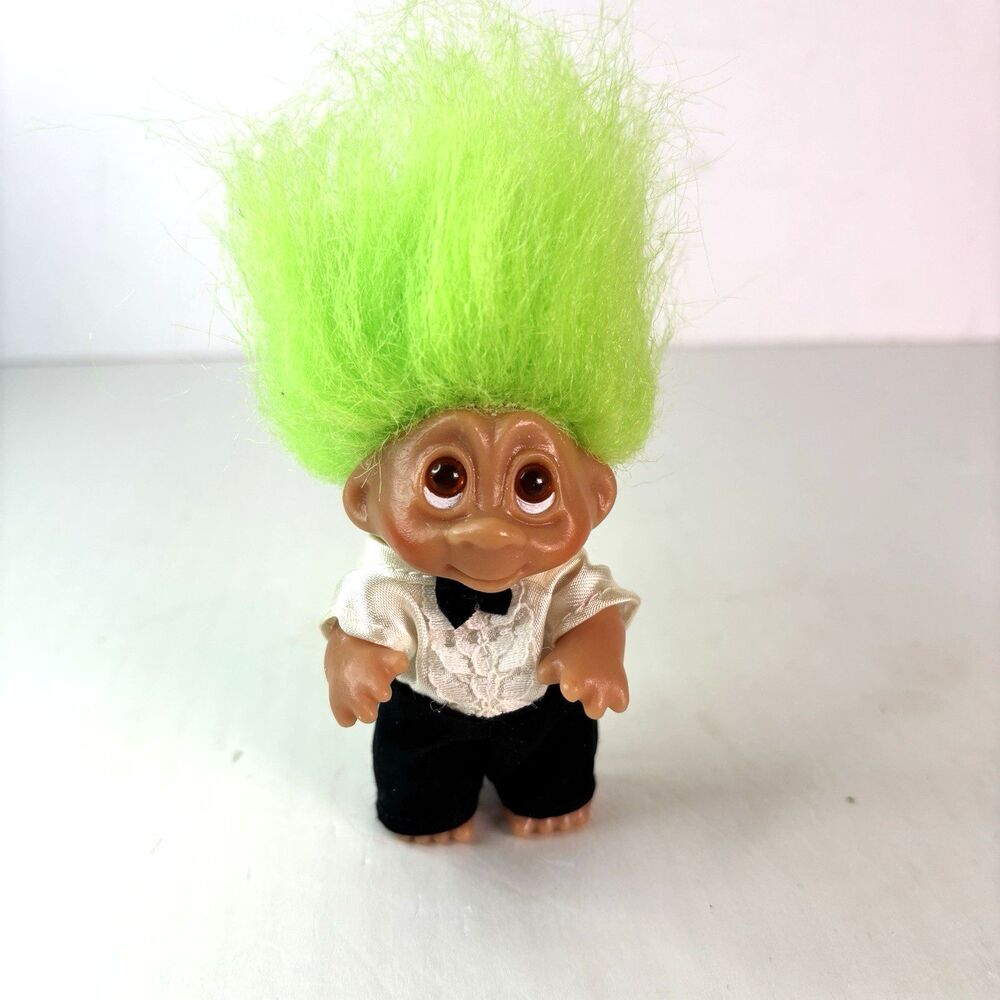 DAM Troll Doll Green Hair Tuxedo 1985 Vintage 80s Made in China 3 inches tall